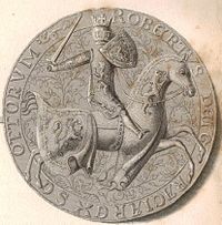 Robert the warrior and knight: the reverse side of Robert II's Great Seal, enhanced as a 19th-century steel engraving