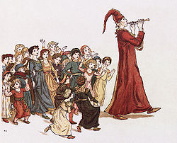 The Pied Piper leads the children out of Hamelin. Illustration by Kate Greenaway to the Robert Browning version of the tale.