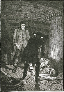 Illustration from Kidnapped. Caption: "Hoseason turned upon him with a flash" (chapter VII, « I Go to Sea in the Brig "Covenant" of Dysart »)