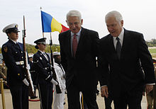 Gates, right, escorts Romanian Minister of Defense Teodor Meleşcanu through an honor cordon into the Pentagon September 24, 2008, to talk about bilateral defense issues.