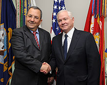 Gates with Israeli Minister of Defense Ehud Barak at the Pentagon in 2009.