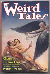 Weird Tales (May 1934) featuring "Queen of the Black Coast." This was the first of only three covers featuring Conan, although nine Conan stories featured on the cover in total.[85]