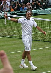 Federer during the 2005 Wimbledon Championships, where he won his third consecutive title