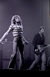Daltrey, with microphone, and Townshend, on stage
