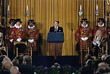 Reagan, the first American president ever to address the British Parliament, predicts Marxism-Leninism will be left on the ash heap of history.[179]
