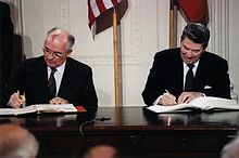 Gorbachev and Reagan sign the INF Treaty at the White House in 1987