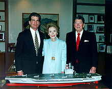 The Reagans with a model of USS Ronald Reagan, May 1996. At left is Newport News Shipbuilding Chairman and CEO Bill Fricks.