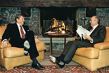 United States President Ronald Reagan (left) and President of the Soviet Union Mikhail Gorbachev meet in 1985.