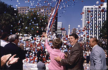 Reagan campaigns with Nancy and Senator Strom Thurmond (right) in South Carolina, 1980