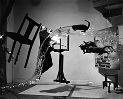 The Dali Atomicus, photo by Philippe Halsman (1948), shown before its supporting wires were removed from the image.