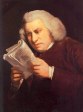 Johnson (1775) showing his intense concentration and the weakness of his eyes; he did not want to be depicted as "Blinking Sam"[133]