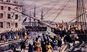 This iconic 1846 lithograph by Nathaniel Currier was entitled "The Destruction of Tea at Boston Harbor"; the phrase "Boston Tea Party" had not yet become standard.[131]