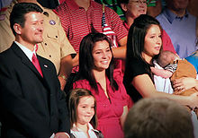 Palin family members at the announcement of her vice-presidential selection, August 29, 2008. From left to right: Todd, Piper, Willow, Bristol and Trig.