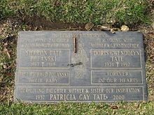 The Tate family grave at Holy Cross Cemetery, Culver City, California, in which Sharon, her unborn son Paul, mother Doris, and sister Patti are buried