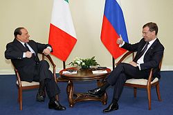 Berlusconi jokes with the Russian President Dmitry Medvedev in 2010.