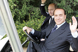 Berlusconi with Vladimir Putin, during a vist of the Russian President in Berlusconi's villa in Sardinia. The two leaders have a personal friendship.