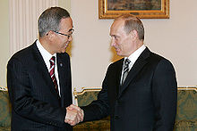 Ban Ki-moon with the President of Russia Vladimir Putin in Moscow on 9 April 2008.