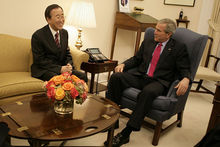 U.S. President George W. Bush talks with United Nations Secretary-General Ban Ki-moon of South Korea in October 2006. In their early meetings, Ban stressed the importance of confronting global warming.
