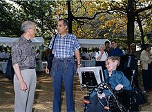 Hawking with string theorists David Gross and Edward Witten at the 2001 Strings Conference, TIFR, India