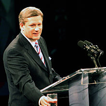 Stephen Harper gives a victory speech to party faithful in Calgary after his Conservatives won the 2006 federal election.