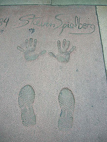 Footprints and handprints of Steven Spielberg in front of the Grauman's Chinese Theatre