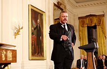 Theodore Roosevelt impersonator Joe Wiegand performs October 27, 2008 in the East Room of the White House, during a celebration of Roosevelt's 150th birthday.