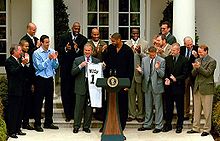 Duncan (middle) and the Spurs at the White House after winning the 2003 NBA Finals