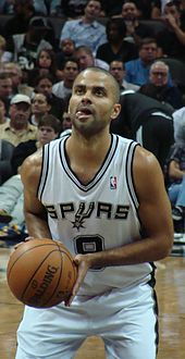 Parker attempts a free throw in a game against the Denver Nuggets in December 2010