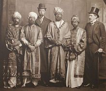 The Dreadnought Hoaxers in Abyssinian regalia; Virginia Woolf is the bearded figure on the far left