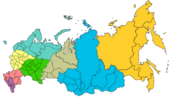 On 13 May 2000, Putin divided Russia into 7 federal districts. On 19 January 2010, the new 8th North Caucasian Federal District (shown here in purple) was split from Southern Federal District.