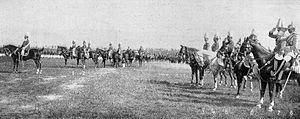 Emperor Wilhelm with the Grand Duke of Baden, Prince Oskar of Prussia, the Grand Duke of Hesse, the Grand Duke of Mecklenburg-Schwerin, Prince Louis of Bavaria, Prince Max of Baden and his son, Crown Prince Wilhelm, at pre-war military maneuvers in autumn 1909