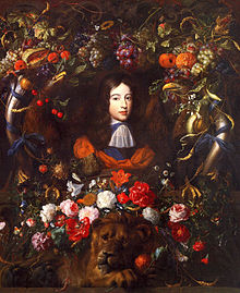 The young prince portrayed in a flower garland painting by Jan Davidsz de Heem filled with symbols of the House of Orange.