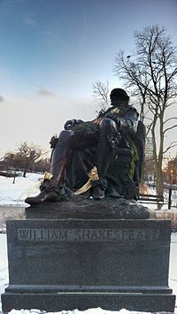 A recently garlanded statue of William Shakespeare in Lincoln Park, Chicago, typical of many created in the 19th and early 20th century.