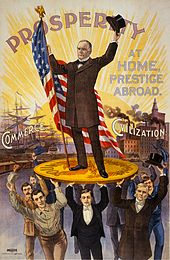 1900 reelection poster celebrates McKinley standing tall on the gold standard with support from soldiers, sailors, businessmen, factory workers and professionals.