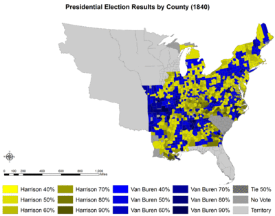 Results by county explicitly indicating the percentage of the winning candidate in each county. Shades of yellow are for Harrison (Whig) and shades of blue are for Van Buren (Democrat).
