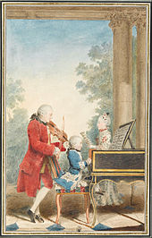 The Mozart family on tour: Leopold, Wolfgang, and Nannerl. Watercolor by Carmontelle, ca. 1763[14]