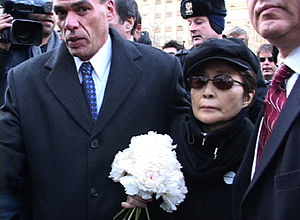 Yoko Ono delivering flowers to Lennon's memorial in 2005.