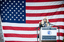 Gaga addresses the crowd at SLDN's "Don't ask, don't tell" rally in 2010