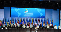 Shakira sings the National Anthem of Colombia at the Summit of the Americas in Cartagena, Colombia.