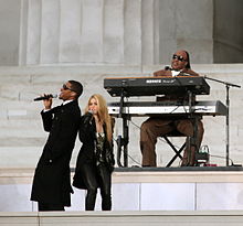 Shakira performing with Usher and Stevie Wonder at the We Are One: The Obama Inaugural Celebration at the Lincoln Memorial (2009).