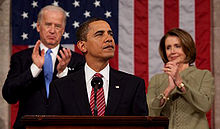 Obama delivering a speech at joint session of Congress with Vice President Joe Biden and House Speaker Nancy Pelosi on February 24, 2009