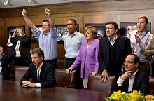 Obama and G8 leaders watching Bayern Munich against Chelsea F.C. in the 2012 UEFA Champions League Final in May 2012
