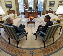 President George W. Bush meets with President-elect Obama in the Oval Office on November 10, 2008