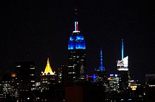 Following the typical TV news voter map color scheme, the Empire State Building lit blue when CNN projected Obama as the winner of the 2012 election; had Romney won it would have been lit red.[115]