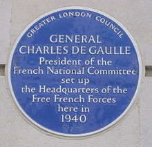 The plaque commemorating the headquarters of General de Gaulle at 4 Carlton Gardens in London during World War II.