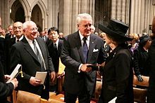 Gorbachev (left) with former Canadian Prime Minister Brian Mulroney and former British Prime Minister Margaret Thatcher at the funeral of Ronald Reagan, 11 June 2004
