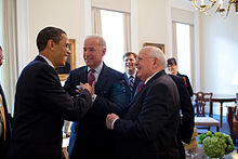Gorbachev (right) being introduced to Barack Obama by Joe Biden, 20 March 2009