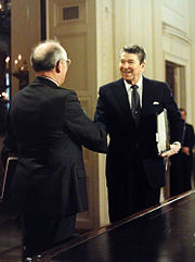 US President Ronald Reagan and Mikhail Gorbachev shaking hands at the US-Soviet summit in Washington, D.C.