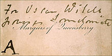 The Marquess of Queensberry's calling card with the handwritten offending inscription "For Oscar Wilde posing Somdomite [sic]"