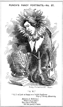 1881 caricature in Punch, the caption reads: "O.W.", "Oh, I eel just as happy as a bright sunflower, Lays of Christy Minstrelsy, "Æsthete of Æsthetes!/What's in a name!/The Poet is Wilde/But his poetry's tame."
